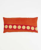 orange lumbar pillow with tan & red polka dot print made from upcycled vintage cotton saris in India