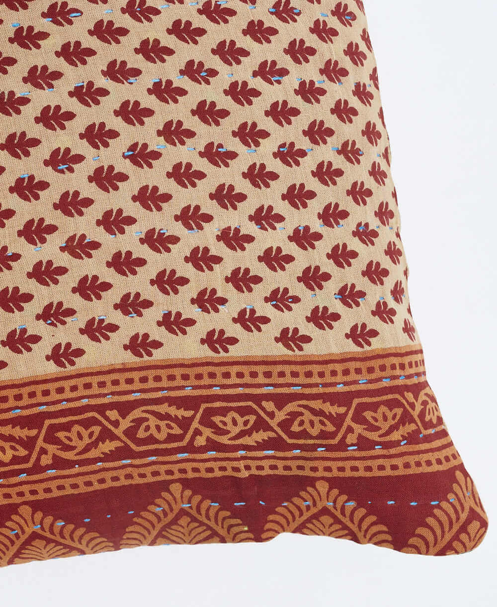 sustainable lumbar pillow in light grey & maroon leaf print with sky blue kantha embroidery