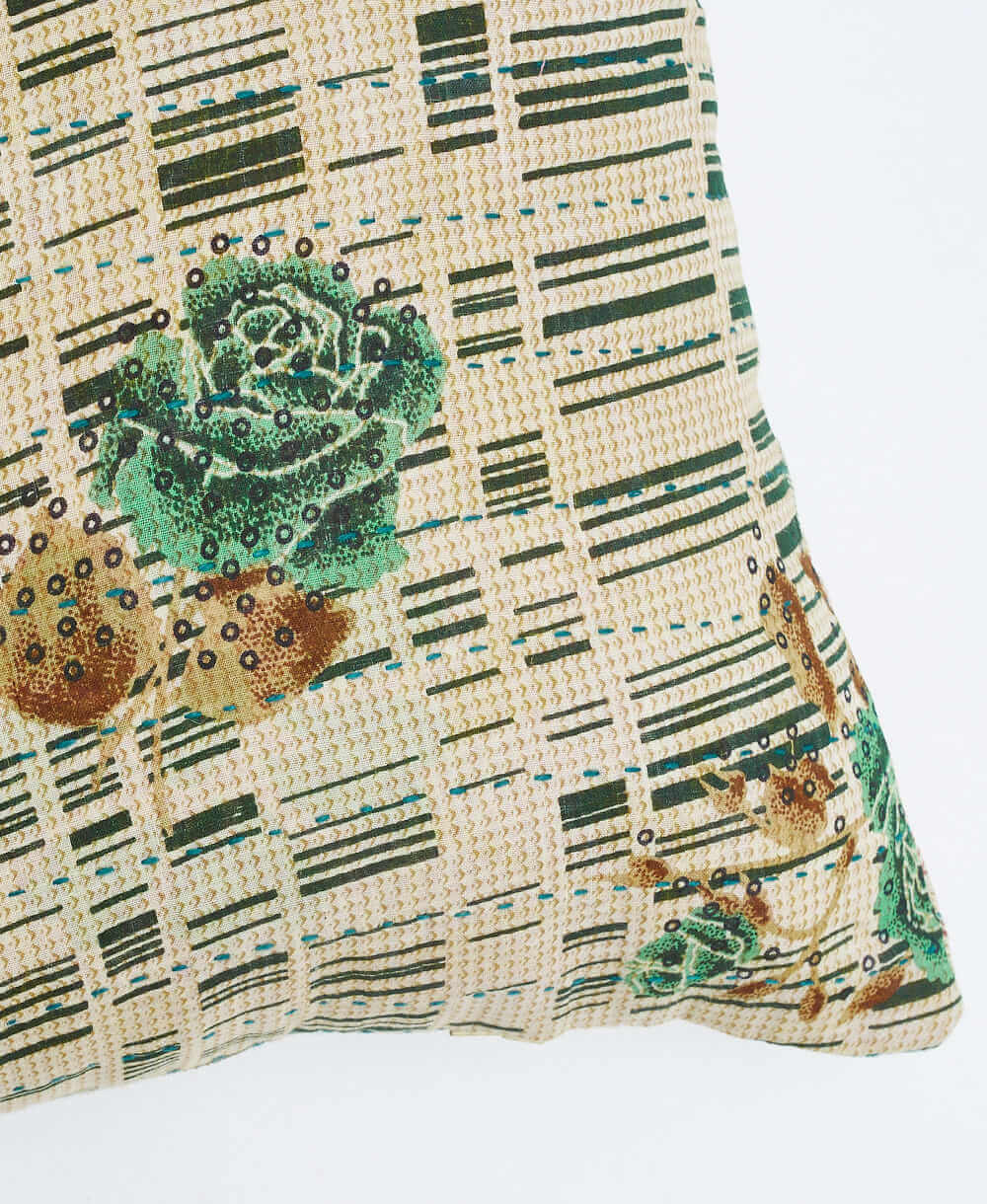 sustainable lumbar pillow in grey & green rose print with teal kantha embroidery