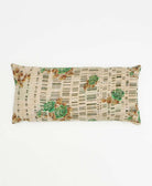 grey lumbar pillow with green rose print made from upcycled vintage cotton saris in India