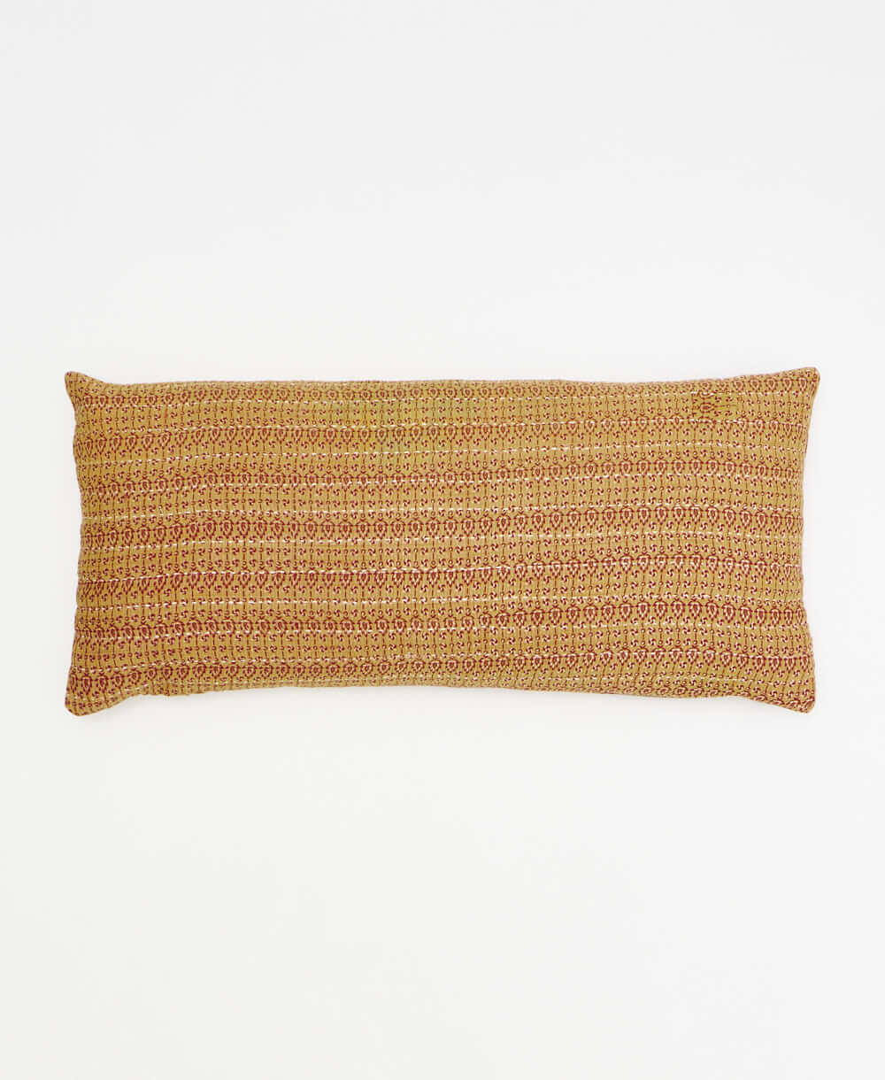 yellow-tan lumbar throw pillow with tiny medallion print handmade in India by women artisans by Anchal