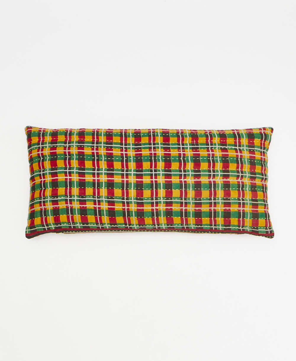 green, red & yellow lumbar throw pillow in plaid print handmade in India by women artisans by Anchal