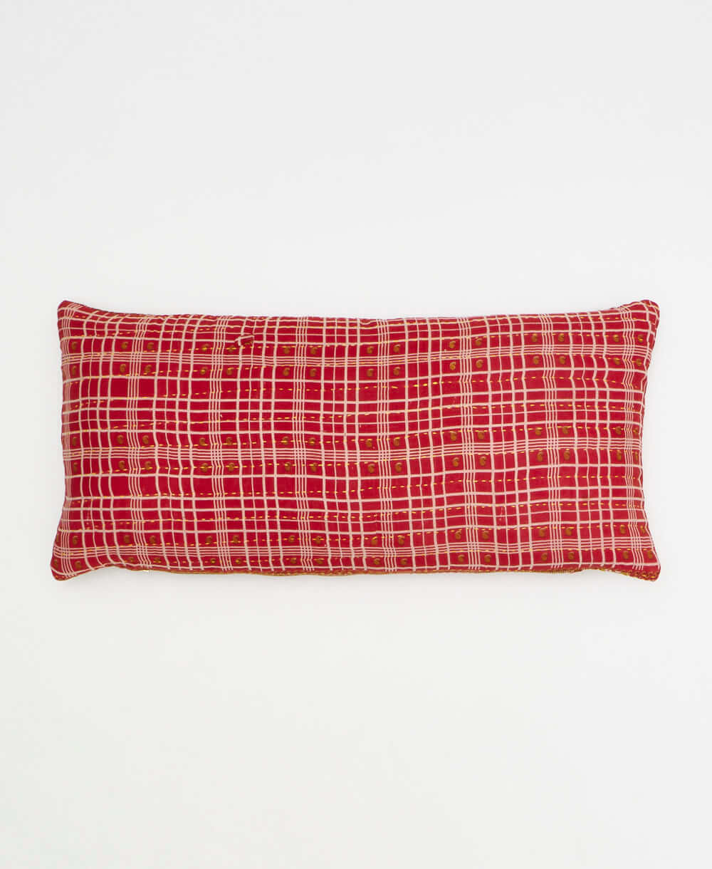 red & white lumbar throw pillow in plaid print handmade in India by women artisans by Anchal