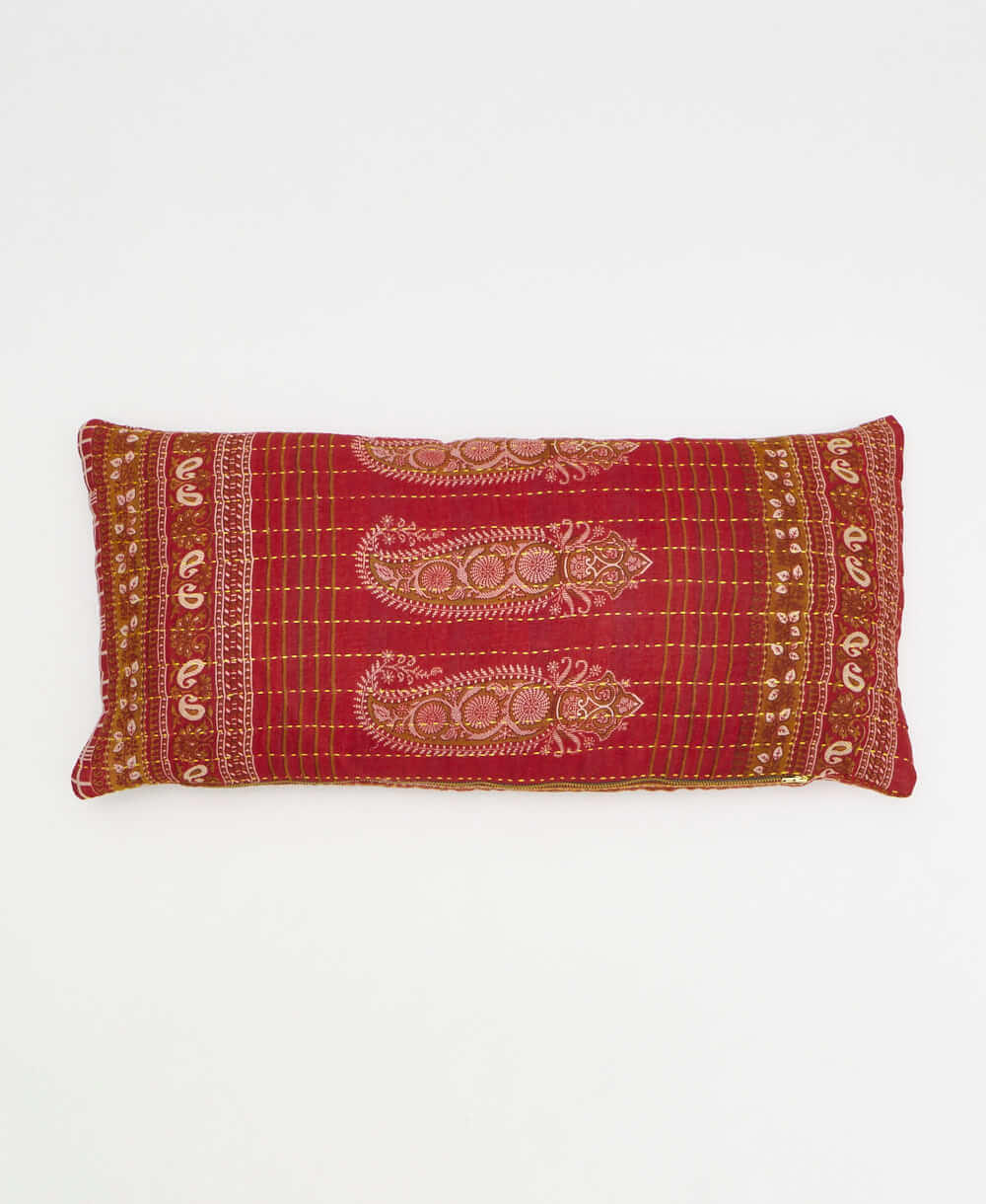 crimson red lumbar pillow with oversized paisley print made from upcycled vintage cotton saris in India