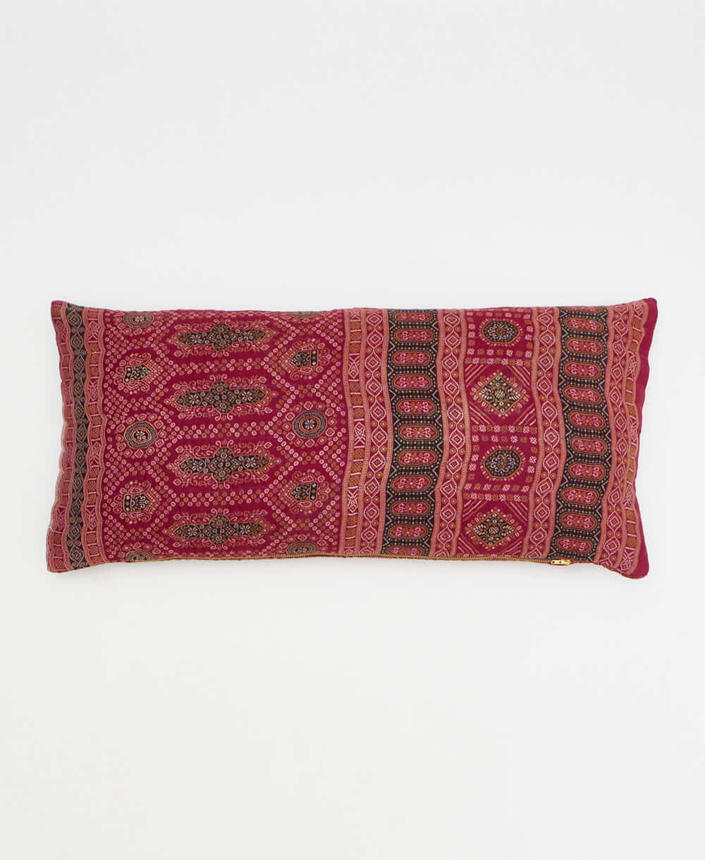 burgundy lumbar pillow with medallion print made from upcycled vintage cotton saris in India