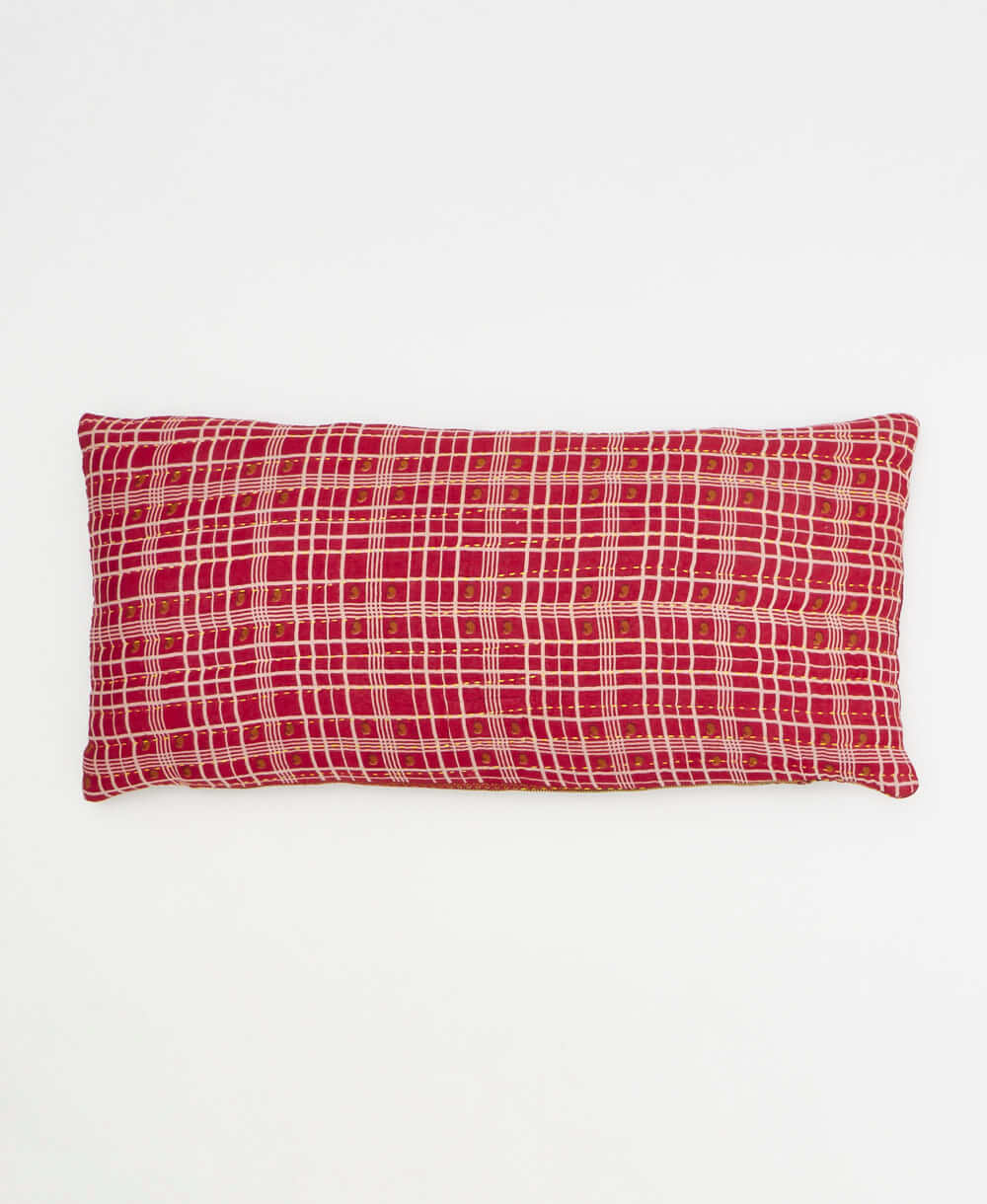 cherry red and white lumbar throw pillow in plaid print handmade in India by women artisans by Anchal