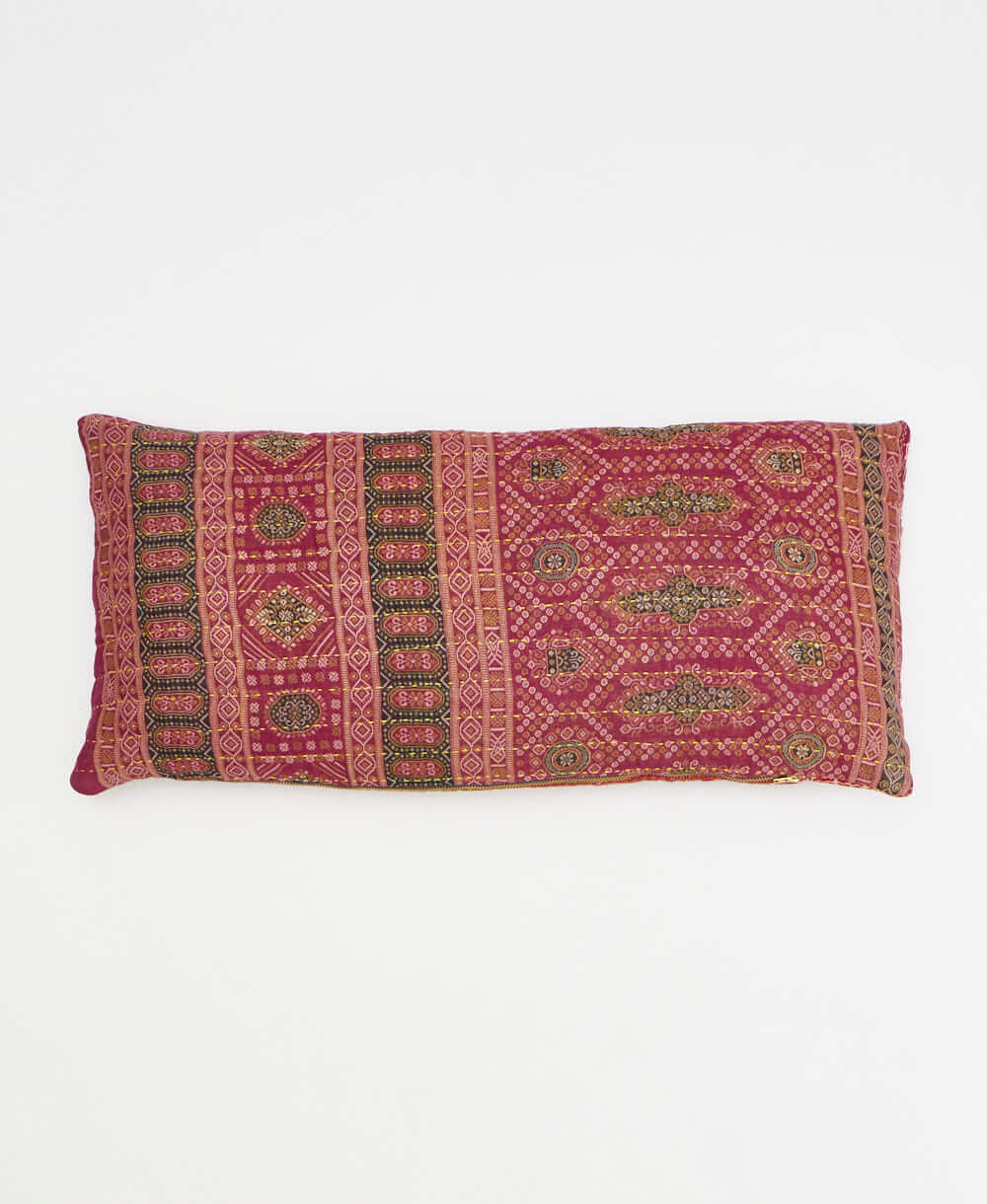 burgundy red lumbar pillow with vintage tile print made from upcycled vintage cotton saris in India