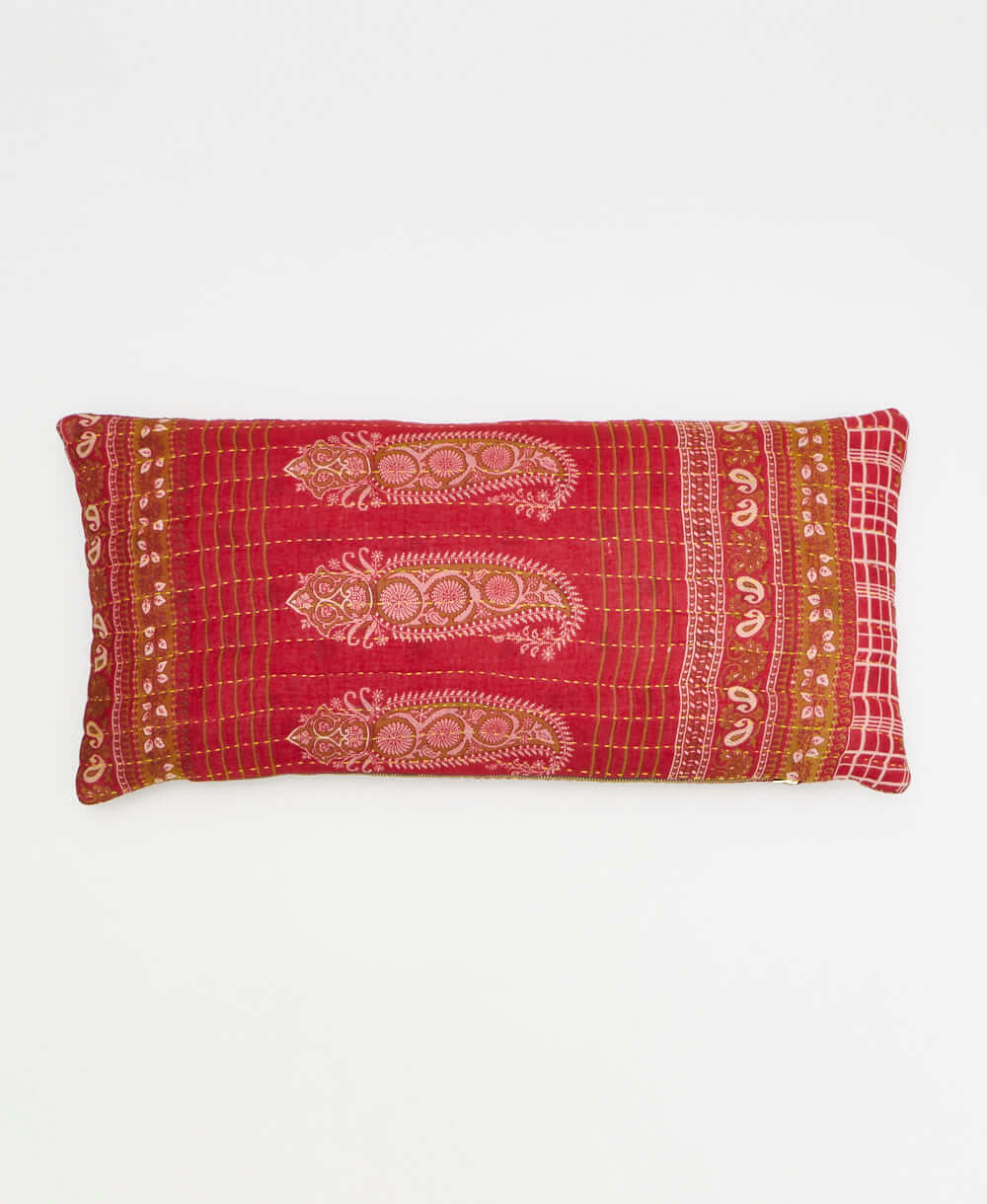 bright red lumbar pillow with brown & white paisley print made from upcycled vintage cotton saris in India