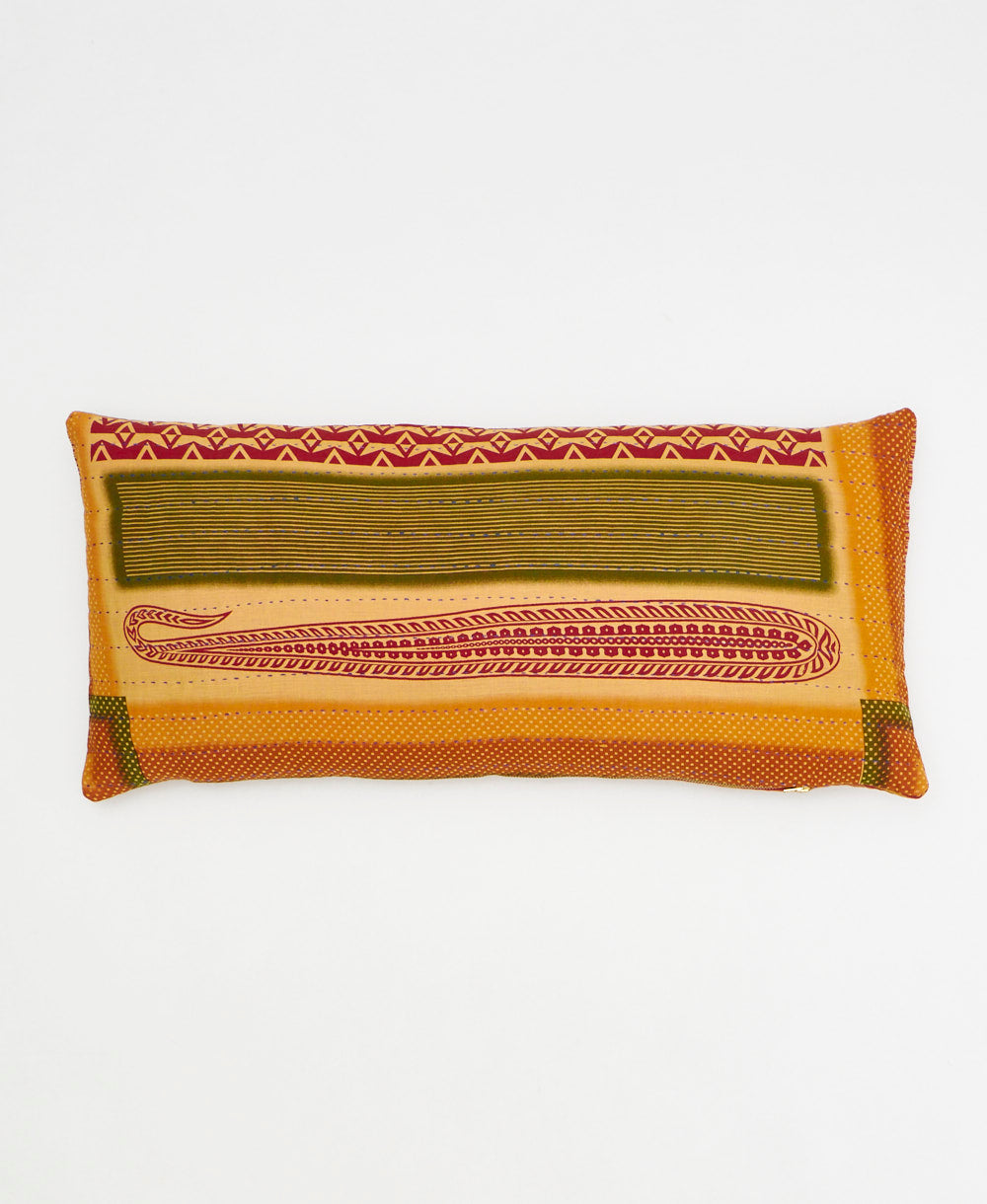 orange & olive lumbar pillow with red abstract print made from upcycled vintage cotton saris in India