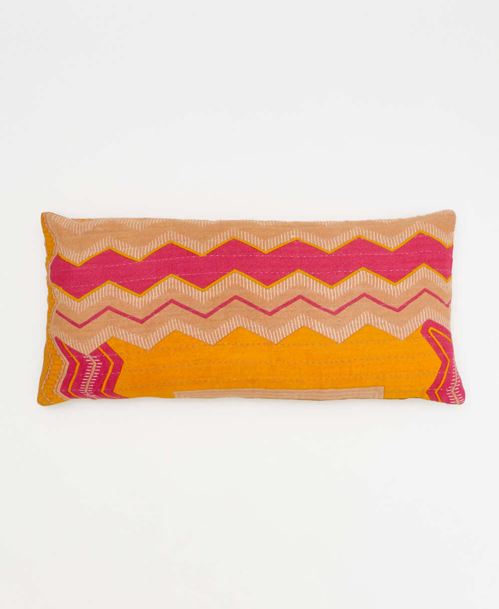 orange & hot pink lumbar pillow with tan chevron print made from upcycled vintage cotton saris in India