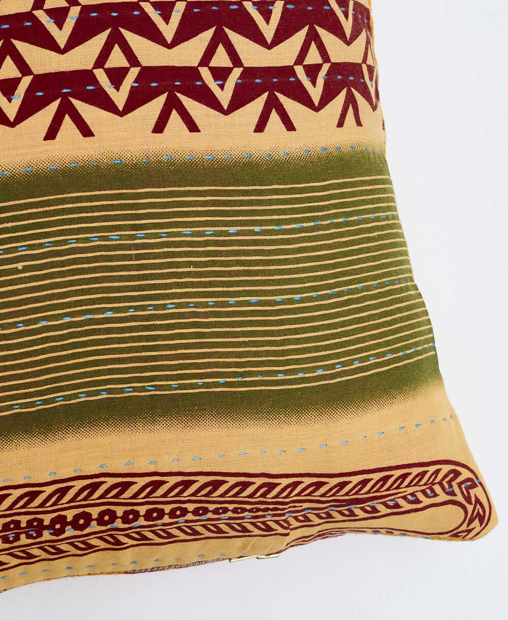 sustainable lumbar pillow in tan, olive & maroon stripe print with sky blue kantha embroidery