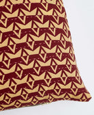 sustainable lumbar pillow in burgundy & tan checkered print with baby pink kantha embroidery