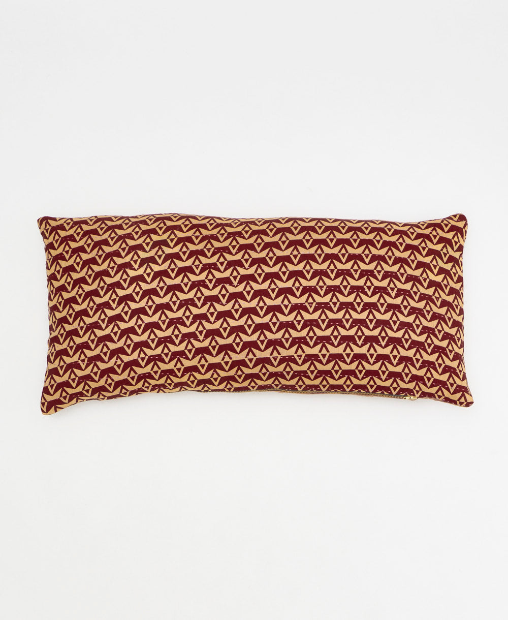 burgundy & tan lumbar pillow with geometric checkered print made from upcycled vintage cotton saris in India