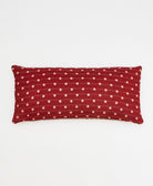 crimson red lumbar pillow with sandy polka dot print made from upcycled vintage cotton saris in India