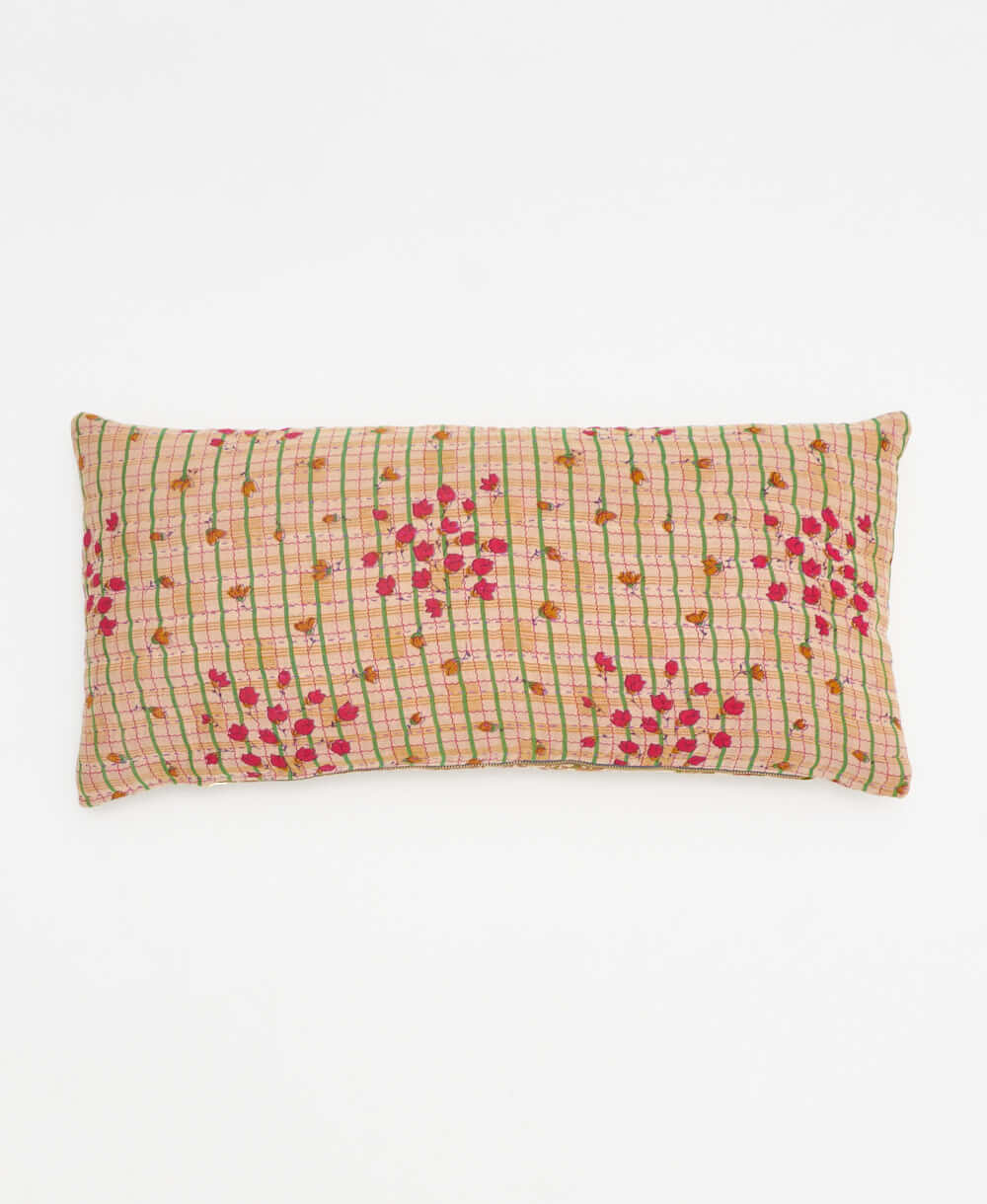 tan, green & hot pink floral stripe lumbar throw pillow handmade in India by women artisans by Anchal