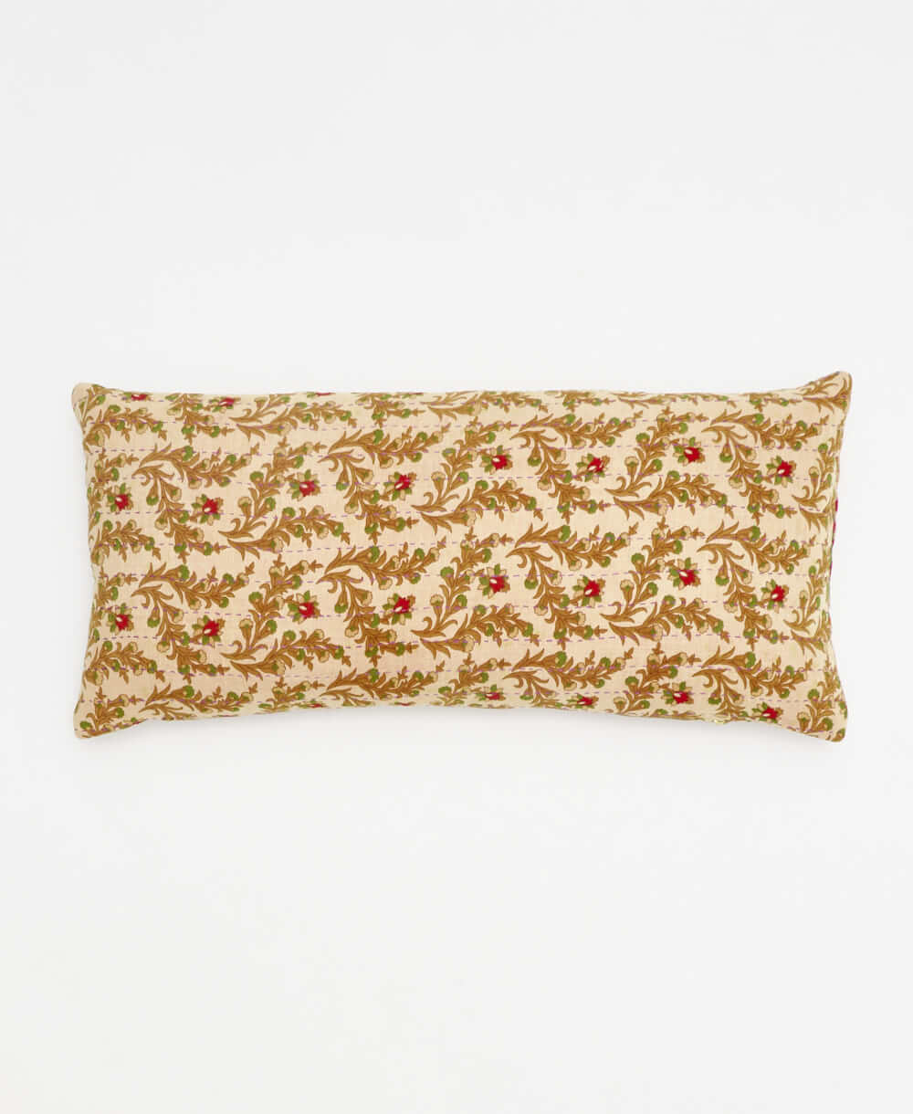 light sand lumbar pillow with tan, red & lime floral print made from upcycled vintage cotton saris in India