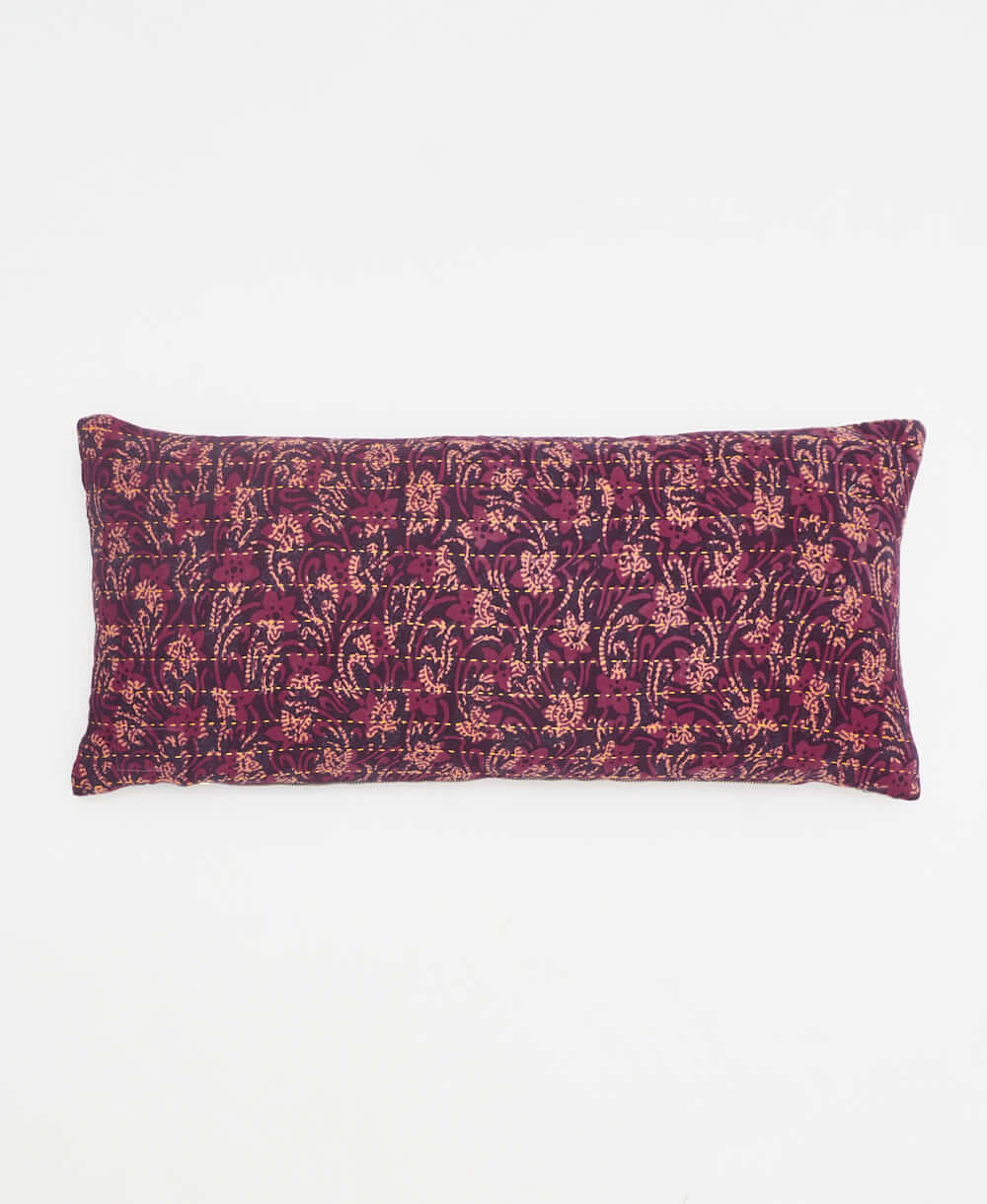 eggplant & light pink floral lumbar throw pillow handmade in India by women artisans by Anchal