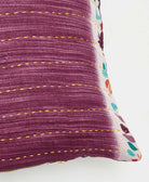 sustainable lumbar pillow in mauve purple abstract print with yellow kantha embroidery