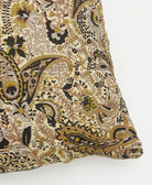 sustainable lumbar pillow in grey, black & lime green paisley print with white kantha embroidery