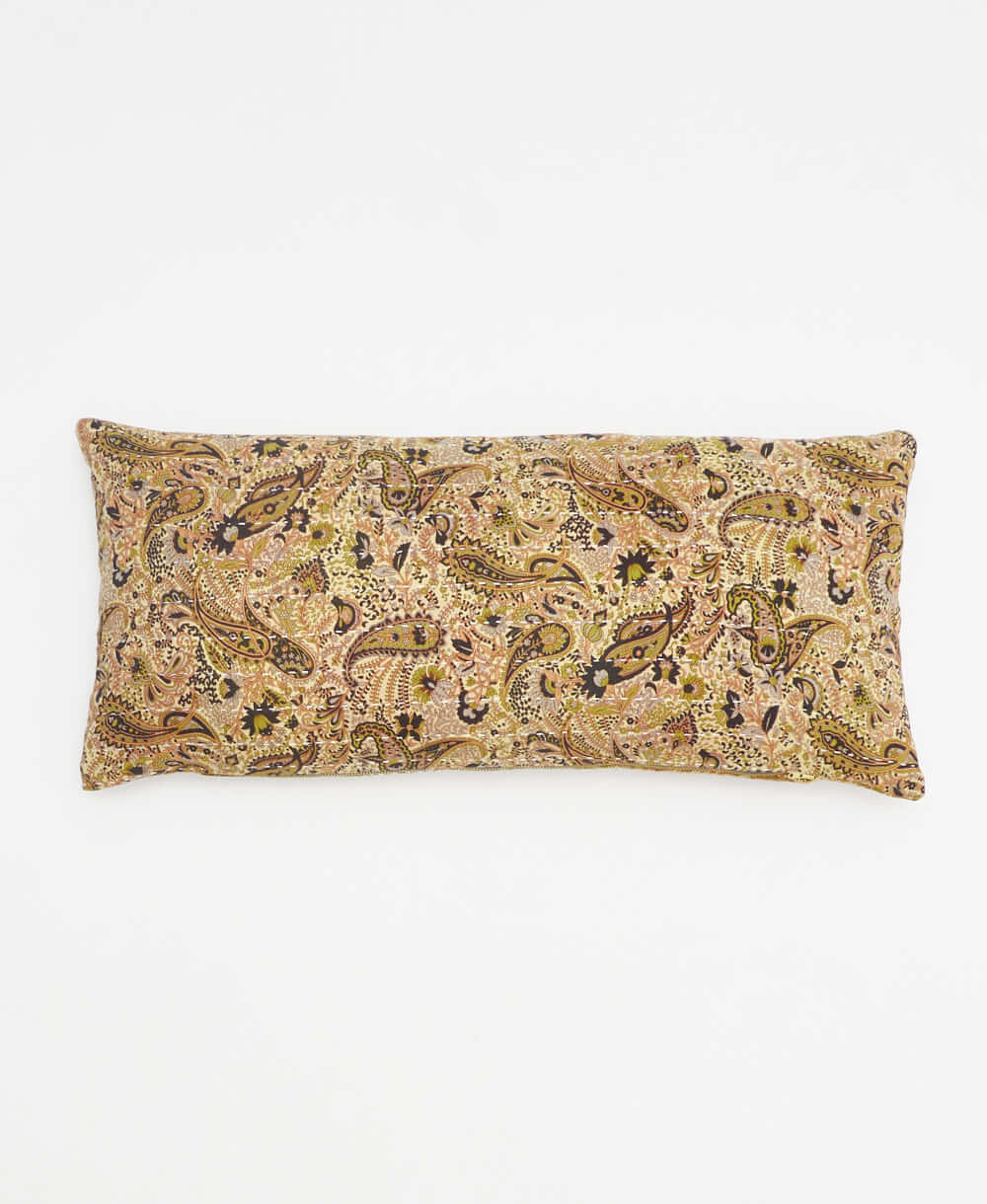 tan lumbar pillow with lime green & black paisley made from upcycled vintage cotton saris in India