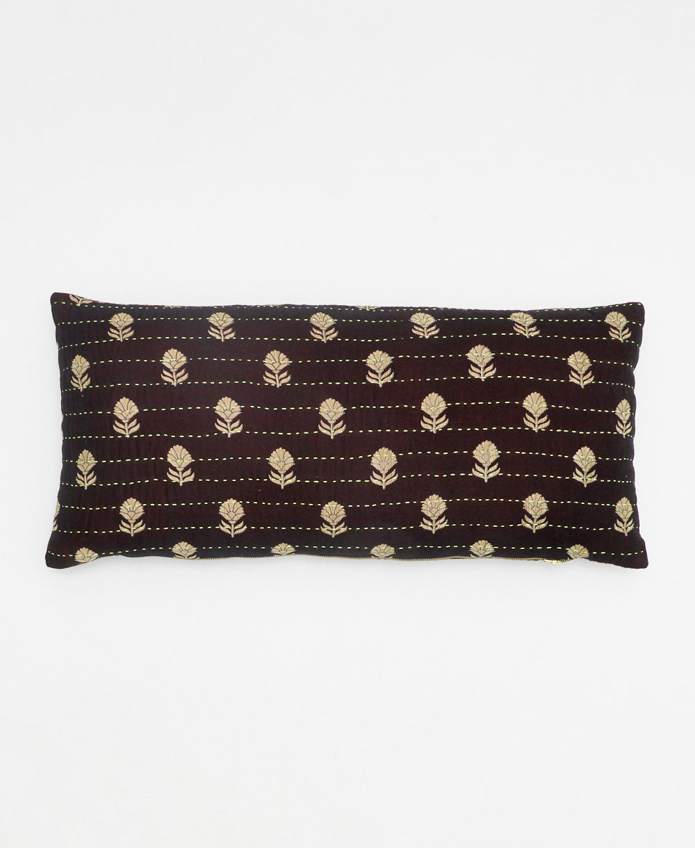 black lumbar pillow with grey daisy print made from upcycled vintage cotton saris in India