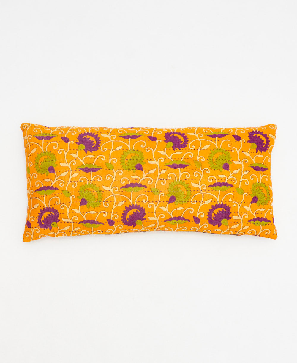 orange lumbar pillow with eggplant & lime floral made from upcycled vintage cotton saris in India