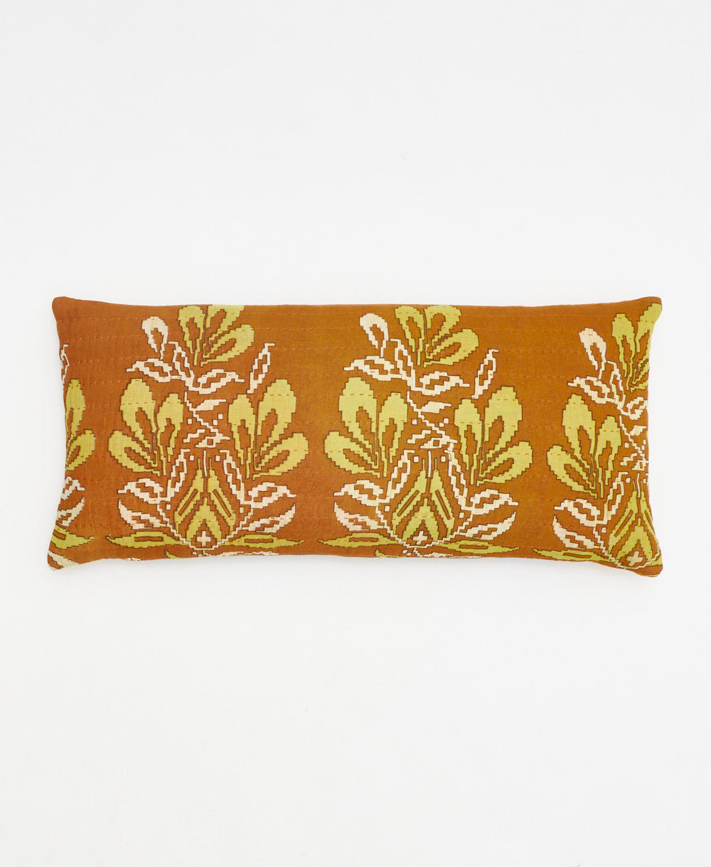 camel brown & yellow floral lumbar throw pillow handmade in India by women artisans by Anchal