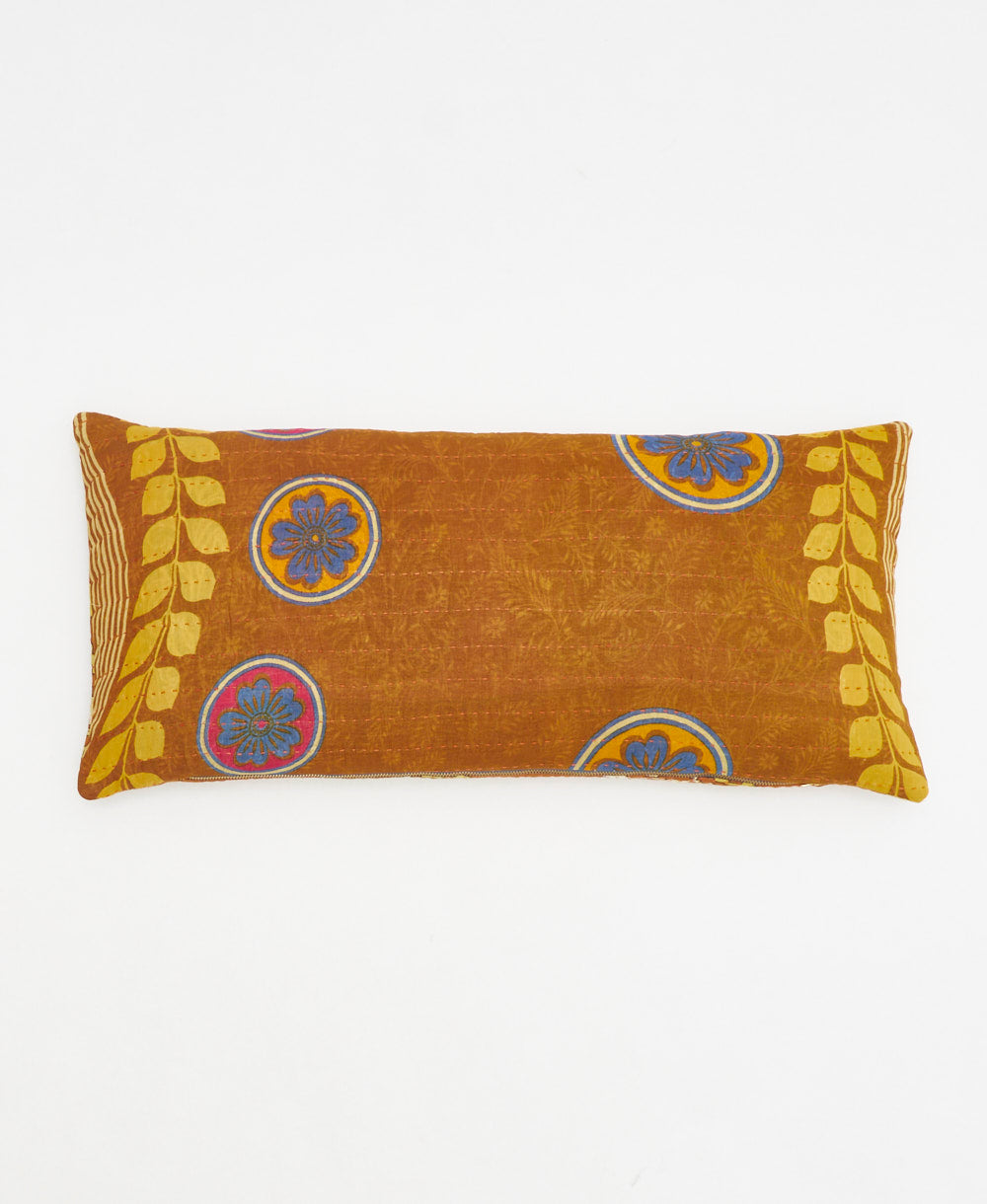 camel brown lumbar pillow with yellow floral made from upcycled vintage cotton saris in India