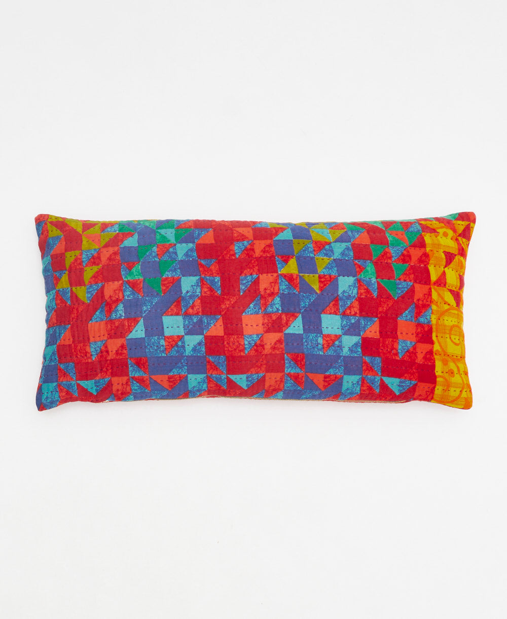 red & blue geometric diamond print lumbar throw pillow handmade in India by women artisans by Anchal