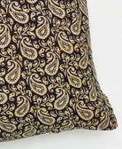 sustainable lumbar pillow in charcoal & slate paisley print with yellow kantha embroidery