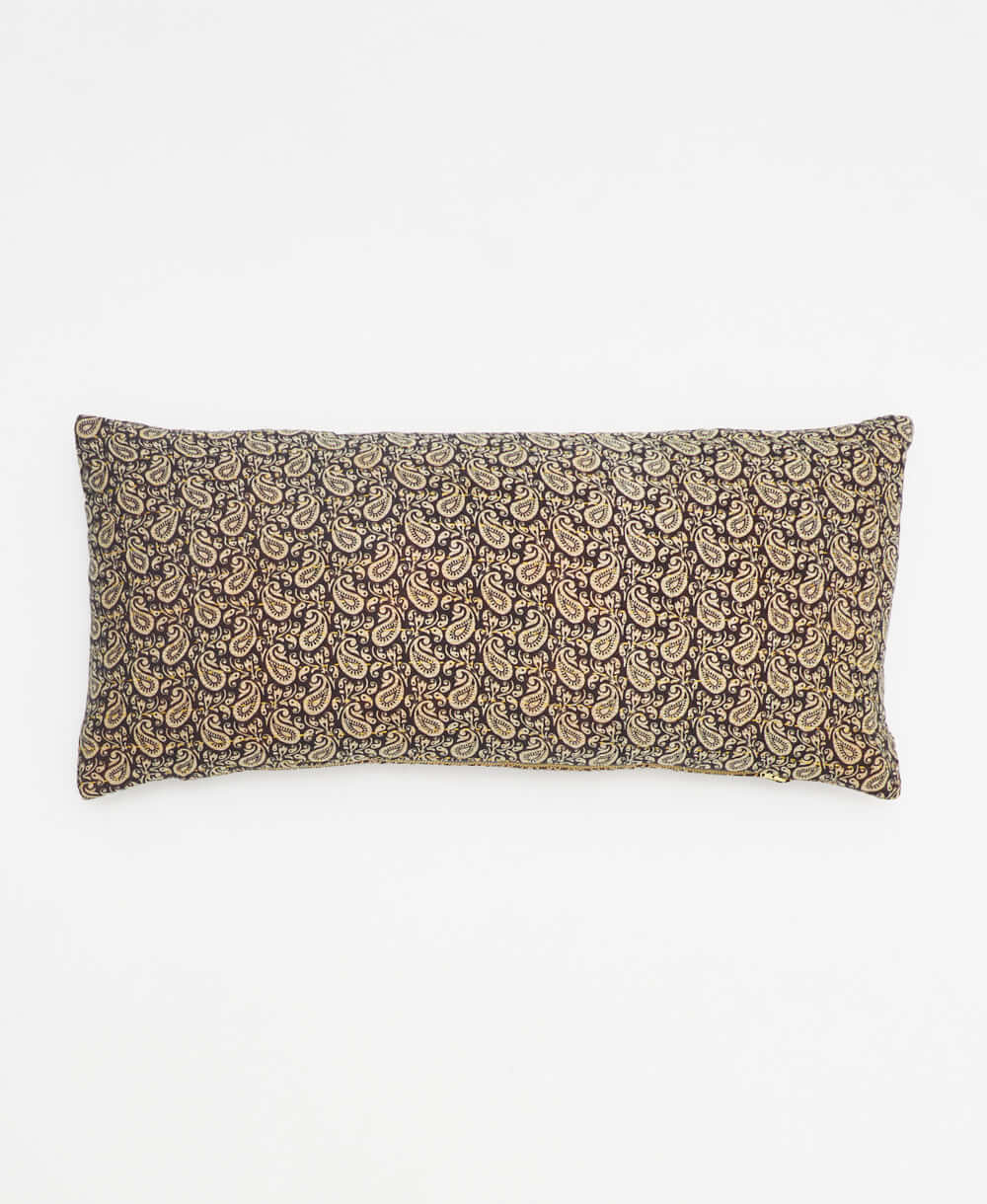 charcoal lumbar pillow with a slate grey paisley print made from upcycled vintage cotton saris in India