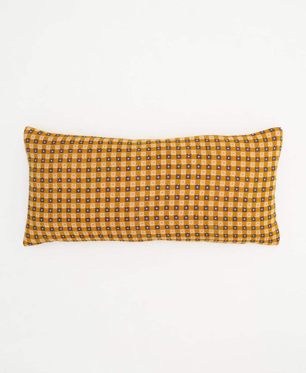 lumbar throw pillow in mustard yellow and grey gingham print