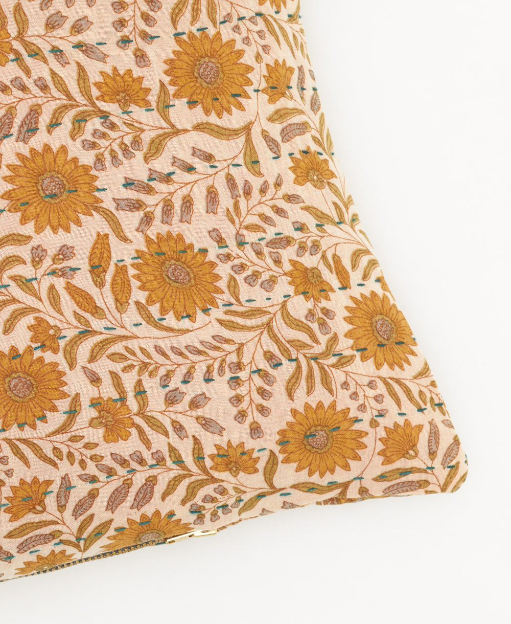 lumbar pillow in orange sunflower print handmade in India
