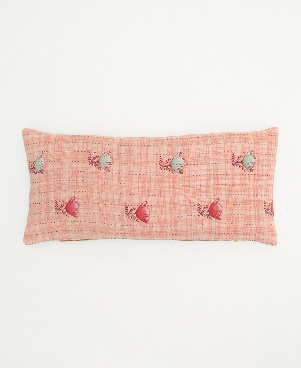 lumbar pillow in coral pink with sky blue & hot pink tulip print