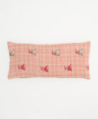 lumbar pillow in coral pink with sky blue & hot pink tulip print