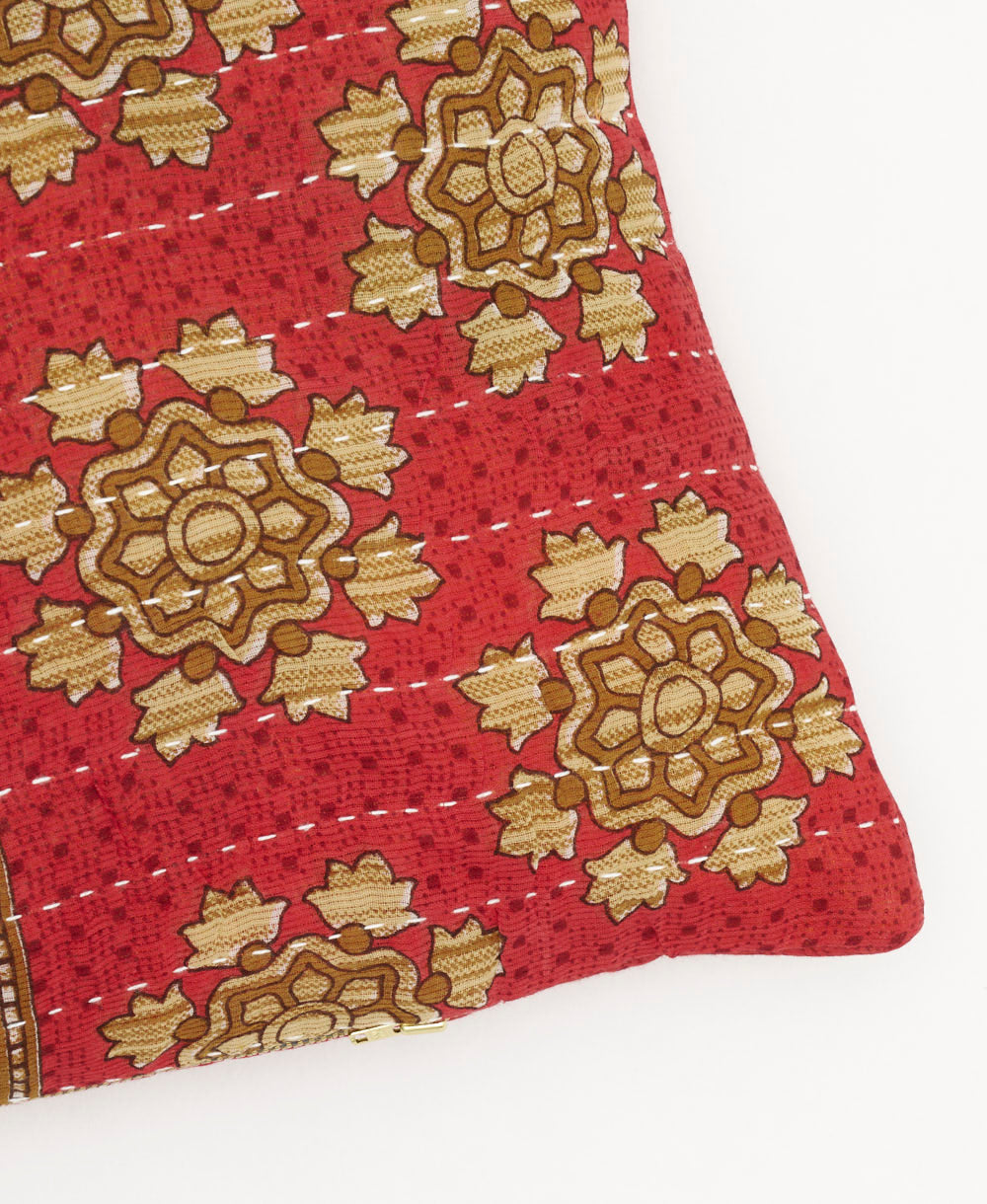 lumbar pillow in cherry red with white kantha stitching