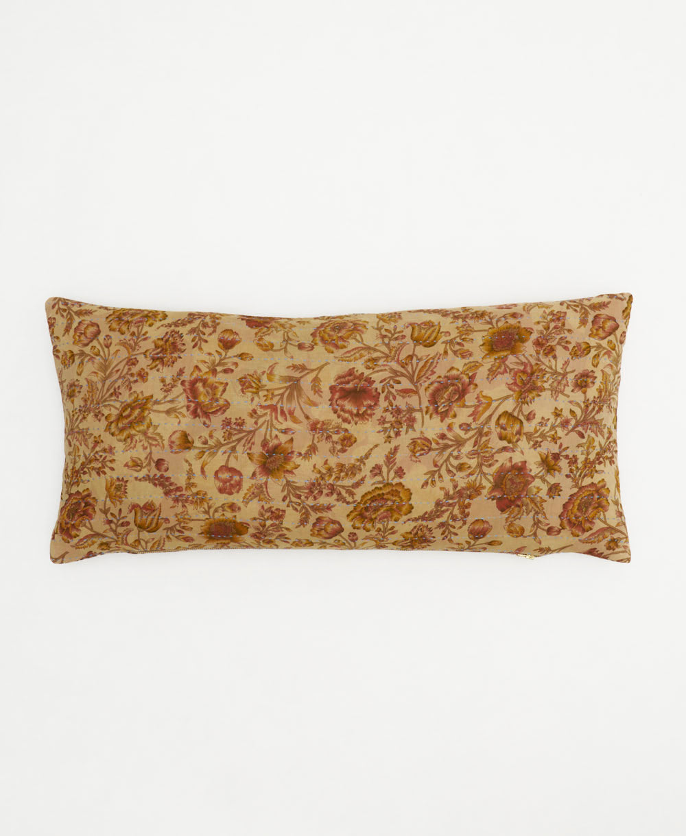 lumbar pillow in light tan, mustard yellow & muted rose print