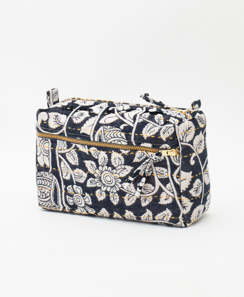 navy and white eco-friendly medium toiletry bag created using repurposed vintage cotton saris 