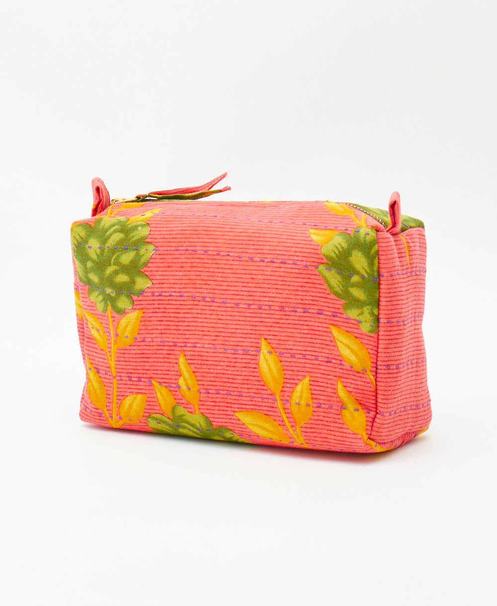 eco-friendly botanical cosmetic travel bag featuring purple traditional kantha hand stitching 