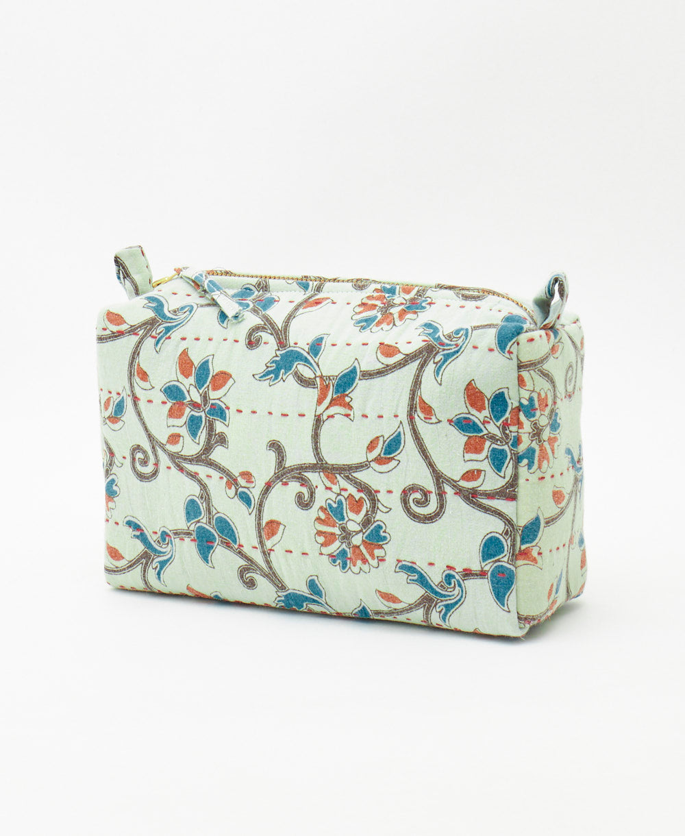 eco-friendly cosmetic travel bag handmade using vine floral repuposed vintage cotton saris 