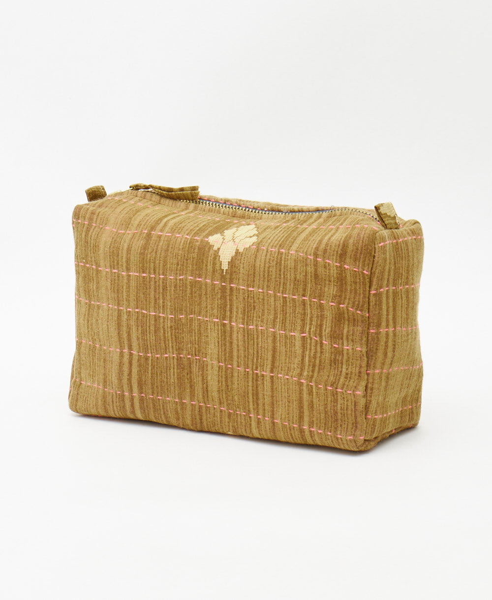 eco-friendly brown cosmetic travel bag made using traditional kantha hand stitching 