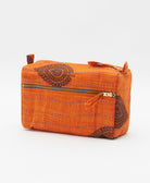 unique medium toiletry bag with orange & black leaf print handmade in India from vintage cotton saris