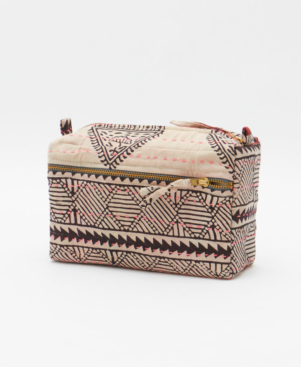 unique medium toiletry bag with white & black geometric print handmade in India from vintage cotton saris