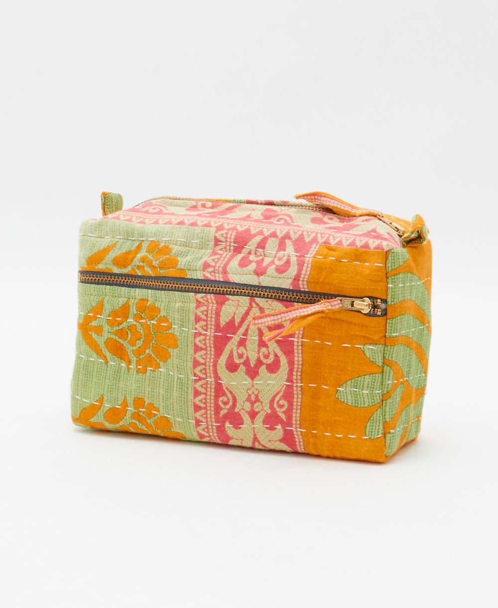 unique medium toiletry bag with orange & pastel green floral print handmade in India from vintage cotton saris