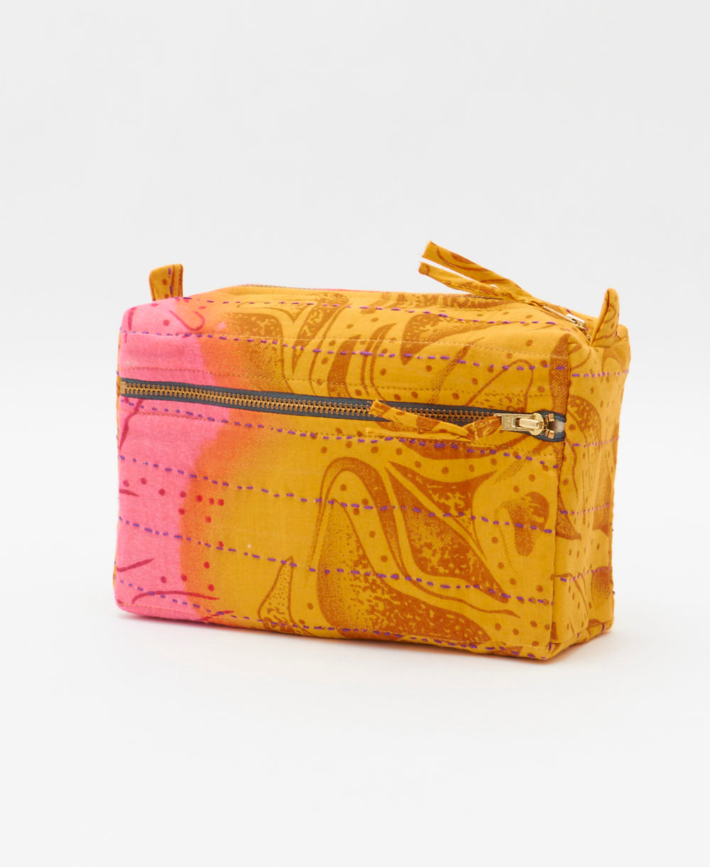 unique medium toiletry bag with orange & pink abstract print handmade in India from vintage cotton saris