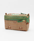 unique medium toiletry bag with brown & green floral print handmade in India from vintage cotton saris