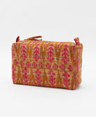 cosmetic travel bag in an orange & pink chevron print with blue hand-stitched kantha embroidery