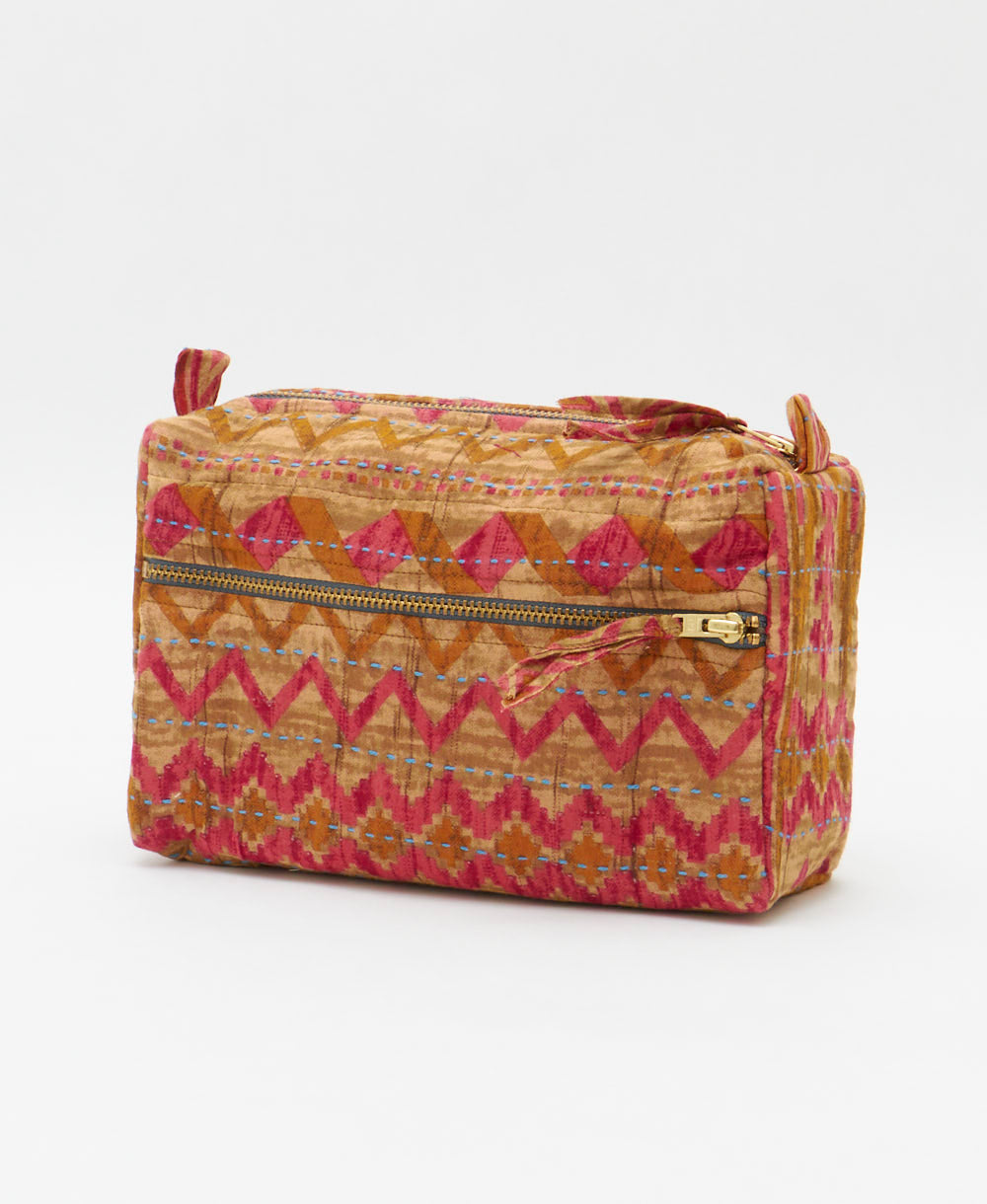 unique medium toiletry bag with orange & pink chevron print handmade in India from vintage cotton saris