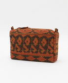 cosmetic travel bag in a black & camel southwestern print with blue hand-stitched kantha embroidery