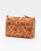 unique medium toiletry bag with tan & muted red floral print handmade in India from vintage cotton saris